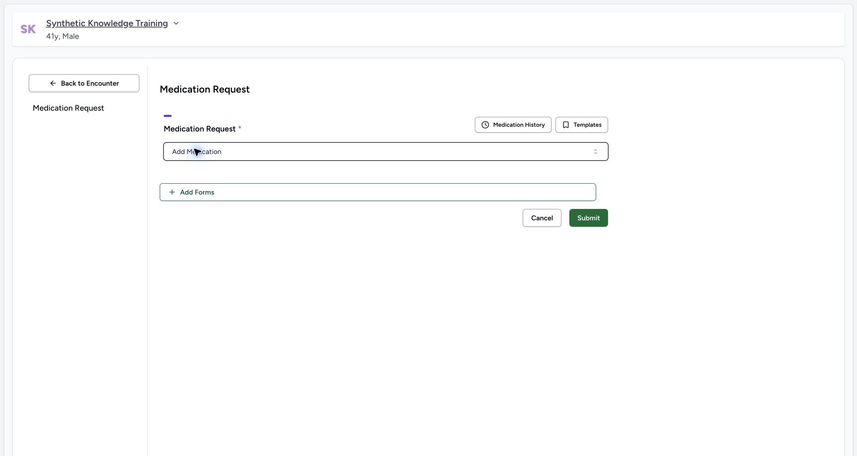 Open the blank medication request with an explicitly synthetic patient.