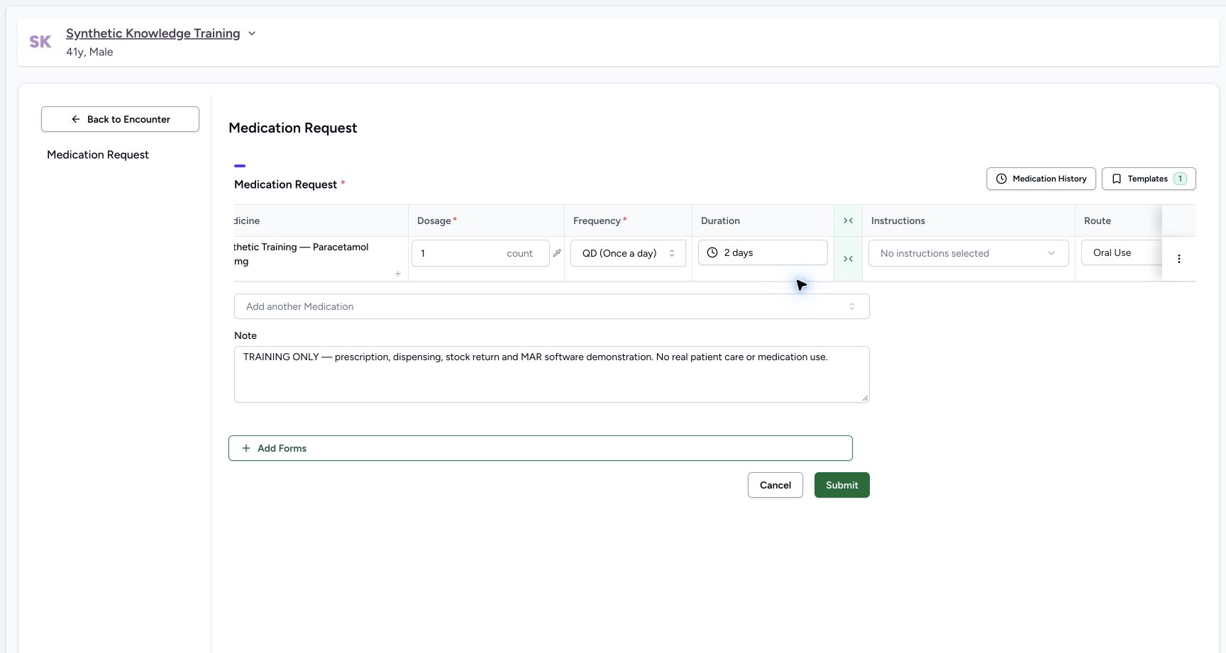 Review the expanded medication route fields with an explicitly synthetic patient.