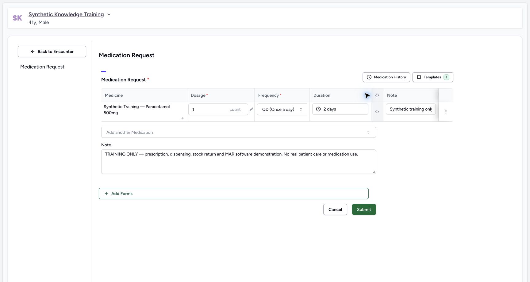 Review a synthetic medication request. Actual MANSOQ application with explicitly synthetic local training data.