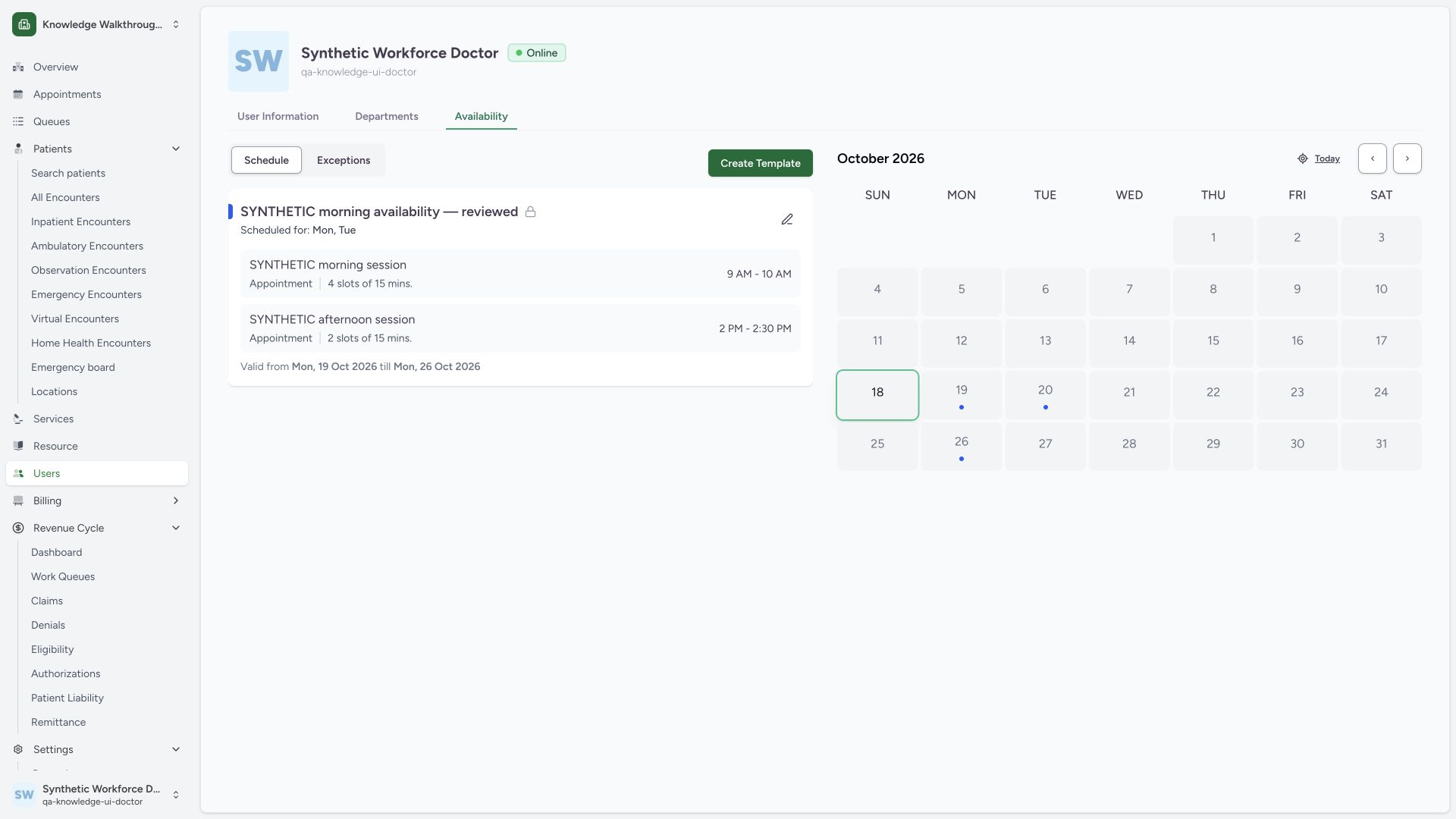 Verify the private template card and calendar after adding Tuesday availability. Actual full desktop MANSOQ screenshot in the synthetic Doctor’s own Clinic.