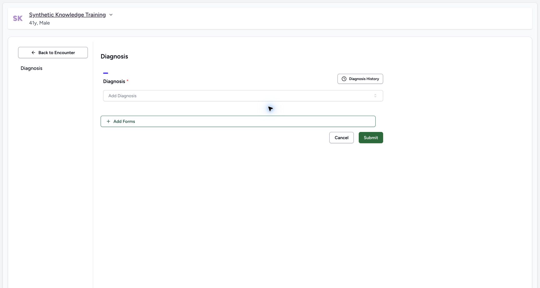 Start on the empty diagnosis questionnaire. Actual MANSOQ software with explicitly synthetic local training data.
