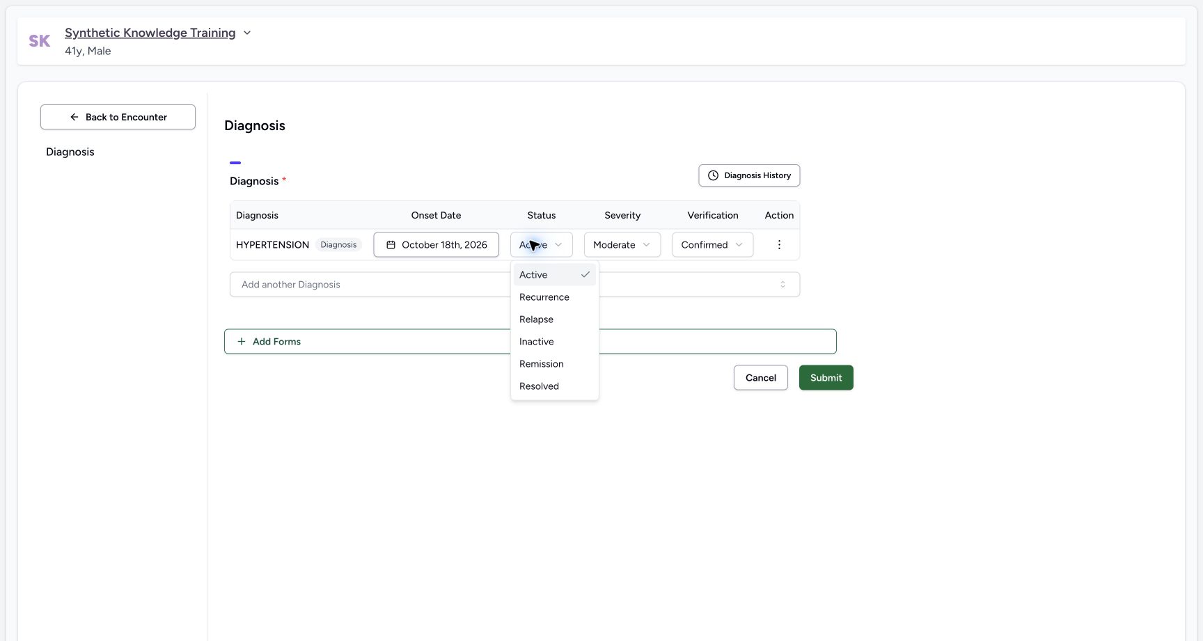 Choose clinical status. Actual MANSOQ software with explicitly synthetic local training data.