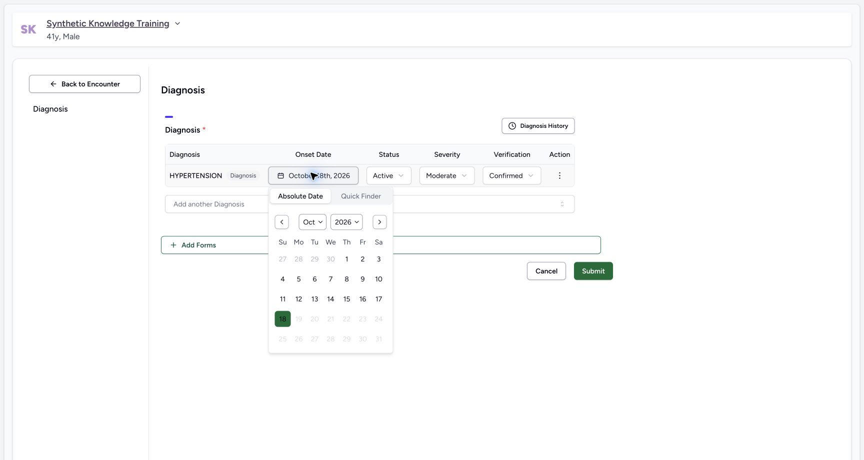 Future onset dates are disabled. Actual MANSOQ software with explicitly synthetic local training data.
