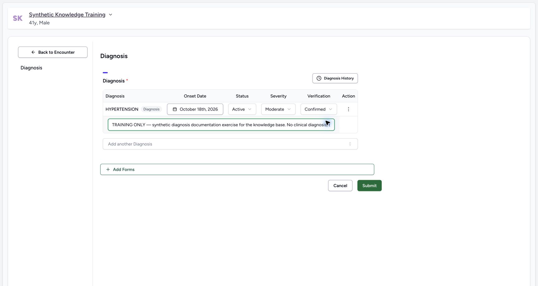 Enter a diagnosis-specific note. Actual MANSOQ software with explicitly synthetic local training data.