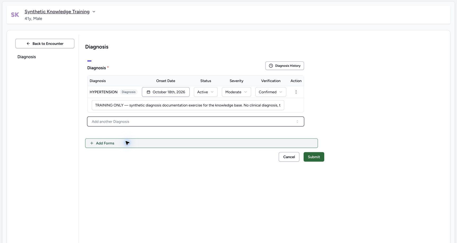 Submit the reviewed diagnosis. Actual MANSOQ software with explicitly synthetic local training data.