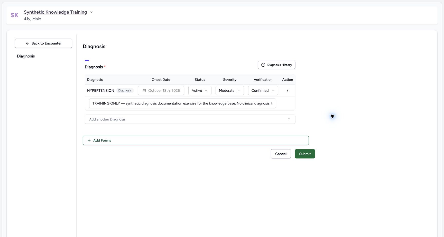Reopened diagnosis retains the saved values. Actual MANSOQ software with explicitly synthetic local training data.