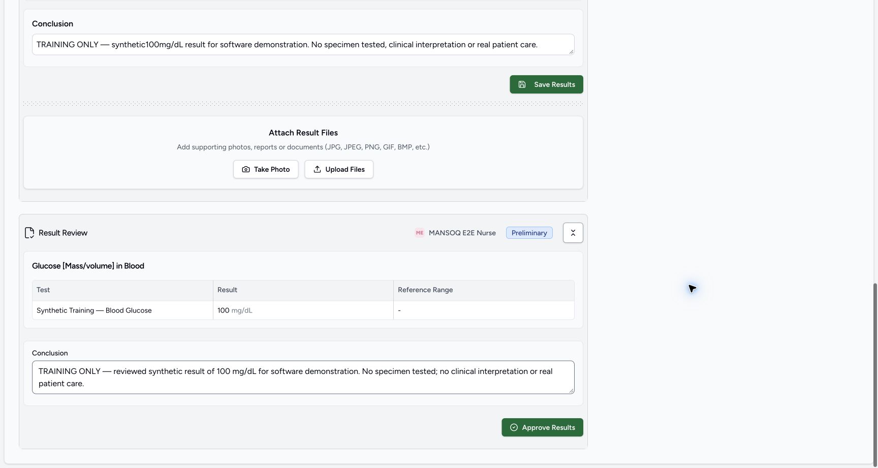 Review result and conclusion before approval. Actual MANSOQ software with explicitly synthetic training records.