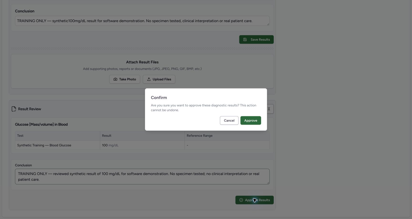 Confirm approval of diagnostic results. Actual MANSOQ software with explicitly synthetic training records.