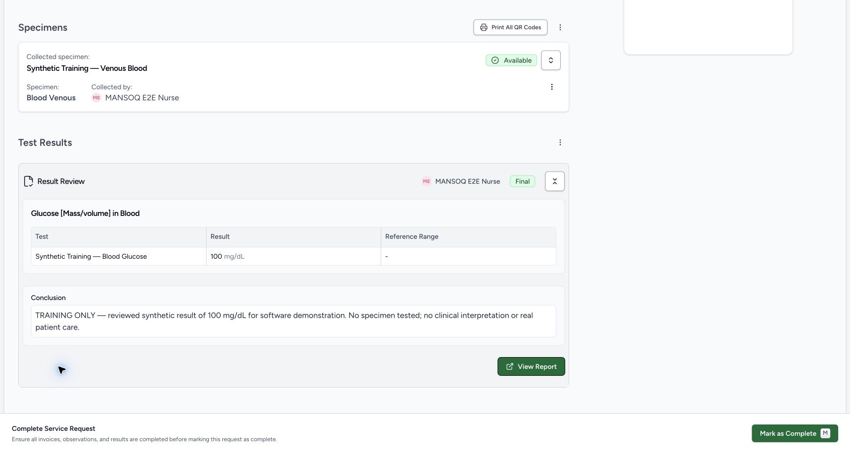 Mark the service request as complete. Actual MANSOQ software with explicitly synthetic training records.