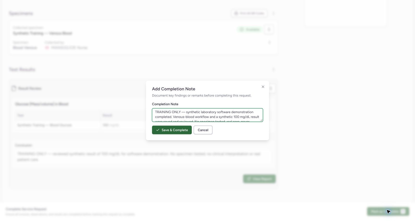 Save an explicit completion note. Actual MANSOQ software with explicitly synthetic training records.