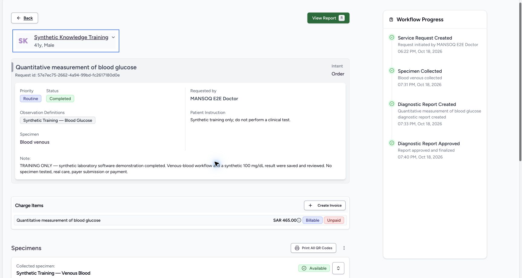 Completed request with separate unpaid charge. Actual MANSOQ software with explicitly synthetic training records.