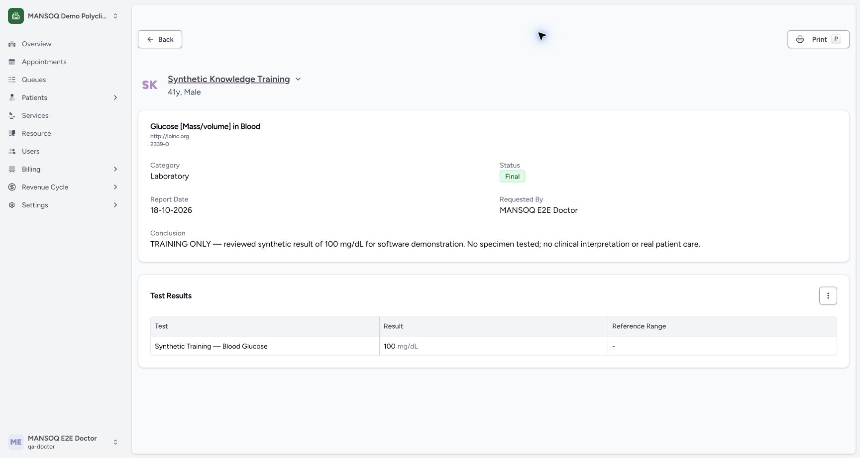 Open the persisted final report. Actual MANSOQ software with explicitly synthetic training records.