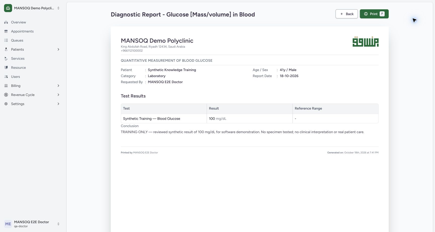 Generated diagnostic report print view. Actual MANSOQ software with explicitly synthetic training records.