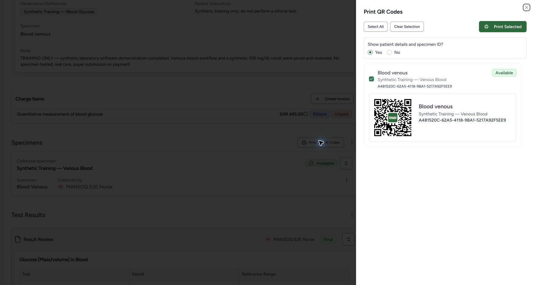 Select specimen QR labels for printing. Actual MANSOQ software with explicitly synthetic training records.