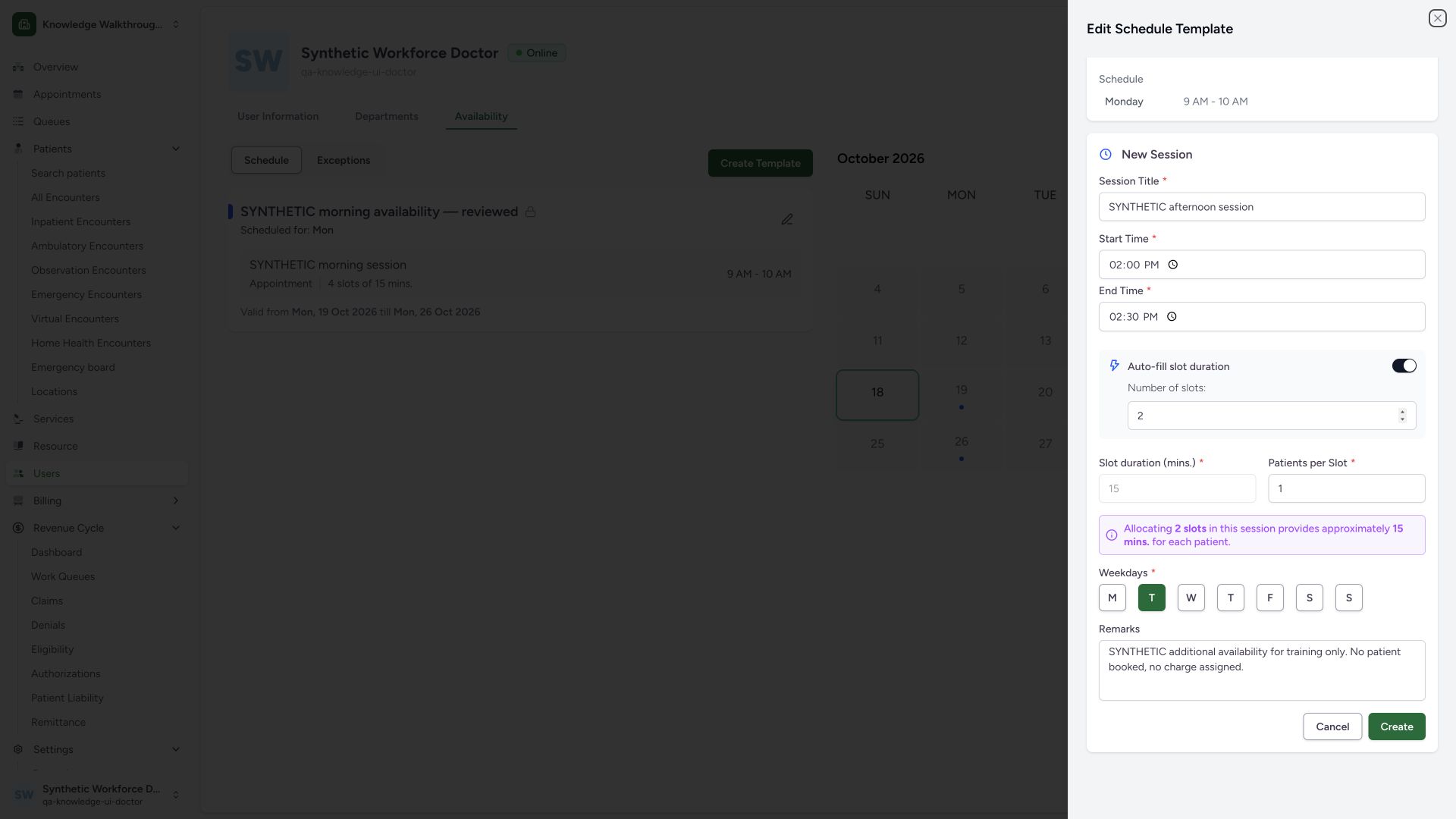Create the reviewed private Tuesday session using the slot-duration calculator. Actual full desktop MANSOQ screenshot in the synthetic Doctor’s own Clinic.