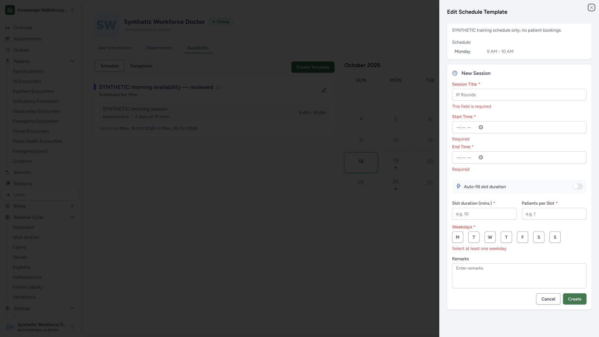 Resolve the new-session name, time and weekday validation messages. Actual full desktop MANSOQ screenshot in the synthetic Doctor’s own Clinic.