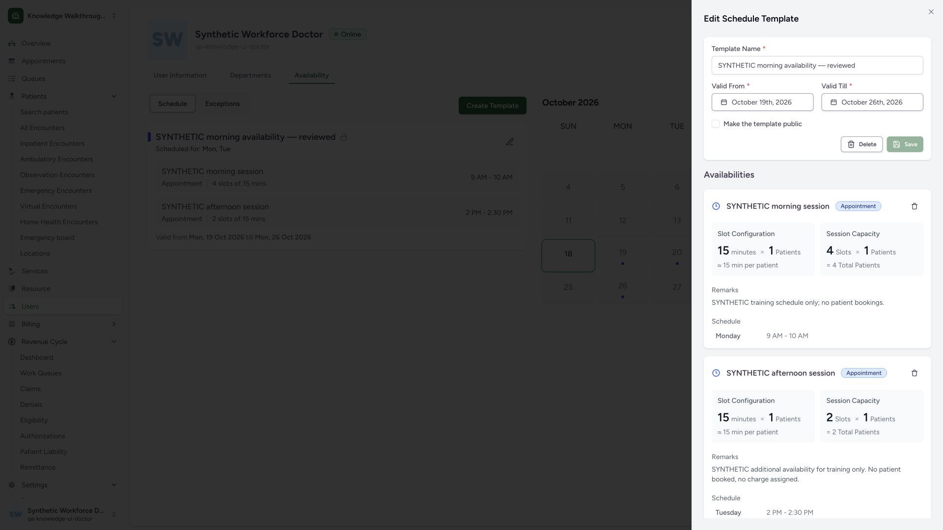 Verify the persisted additional session without modifying the original one. Actual full desktop MANSOQ screenshot in the synthetic Doctor’s own Clinic.