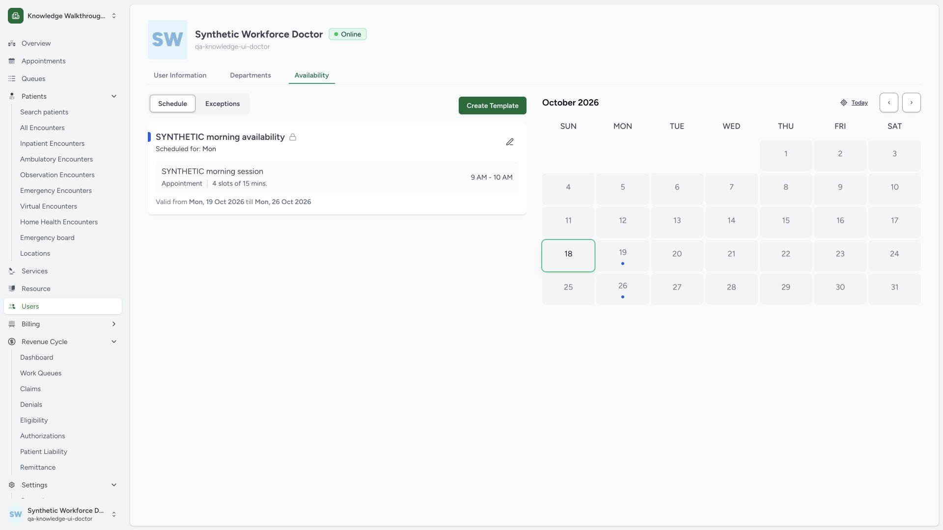 Inspect the existing private practitioner template before maintenance. Actual full desktop MANSOQ screenshot in the synthetic Doctor’s own Clinic.