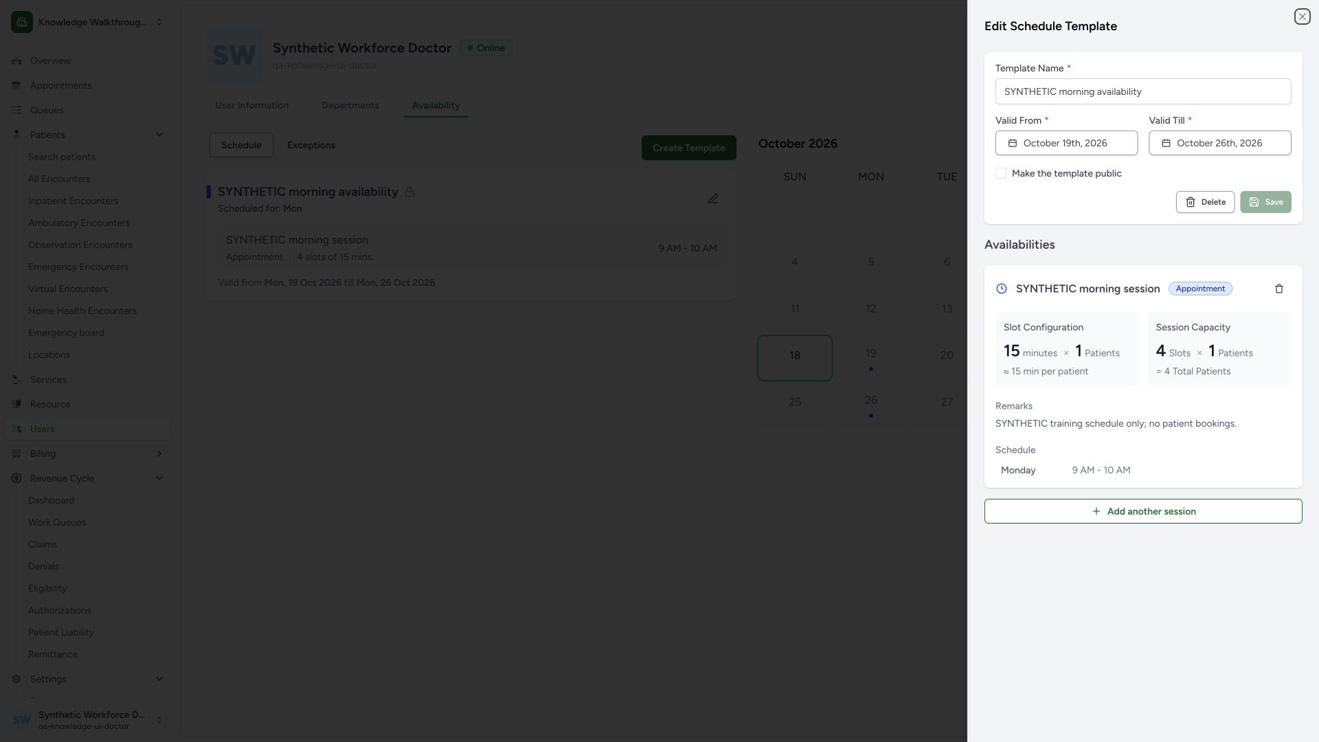 Read template metadata, private visibility and the existing session separately. Actual full desktop MANSOQ screenshot in the synthetic Doctor’s own Clinic.