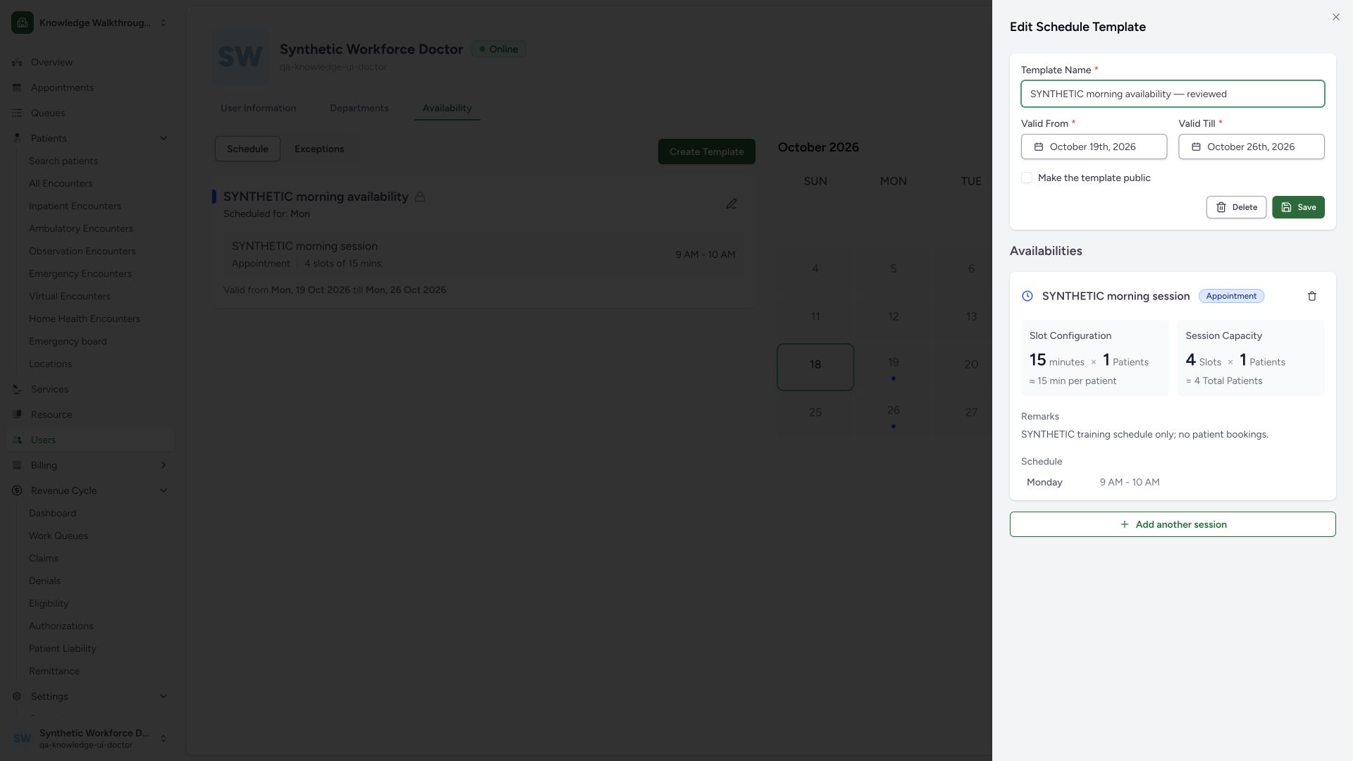 Save a reviewed template title while preserving privacy and validity. Actual full desktop MANSOQ screenshot in the synthetic Doctor’s own Clinic.