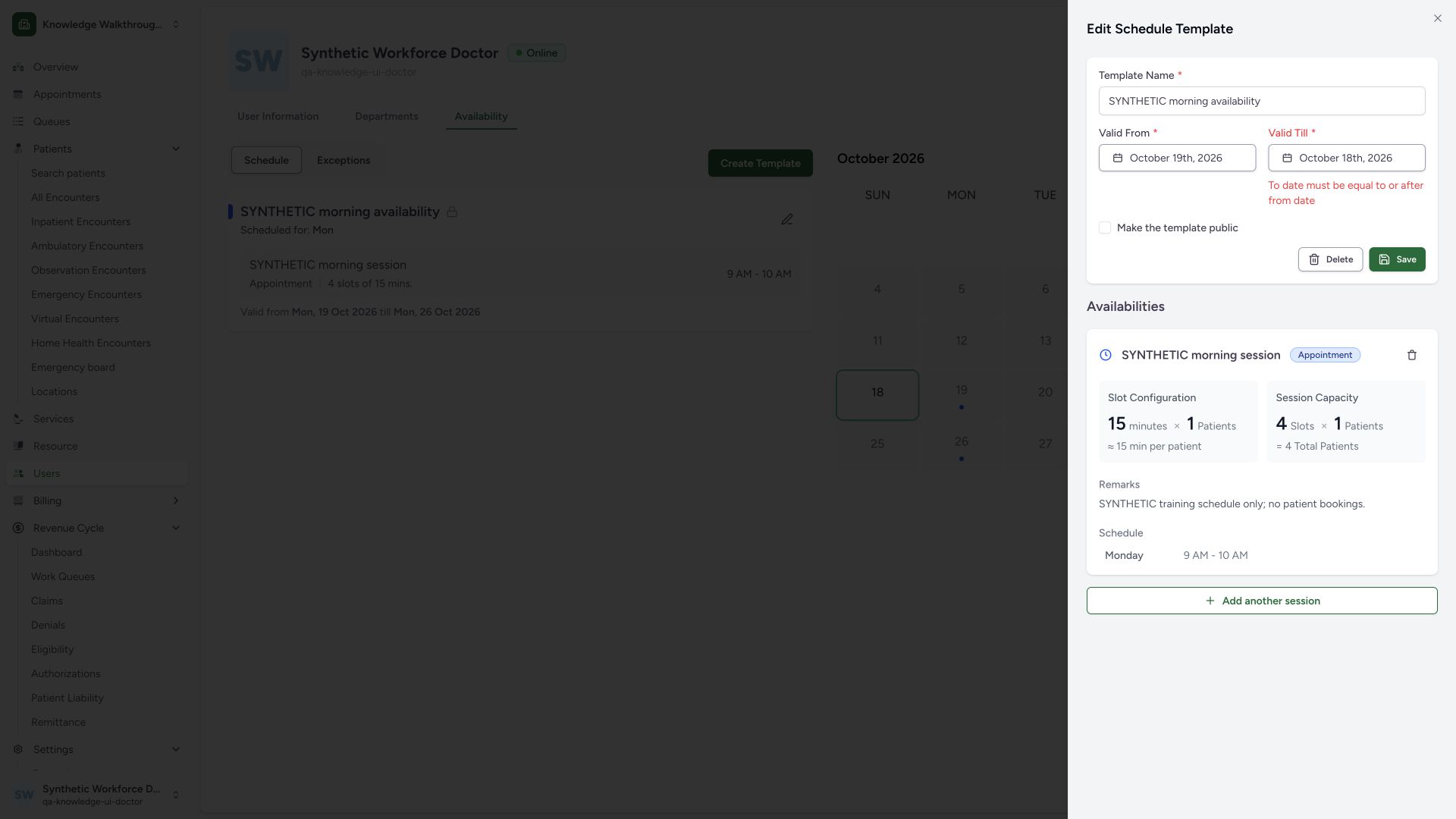 Correct an end date that precedes template validity start. Actual full desktop MANSOQ screenshot in the synthetic Doctor’s own Clinic.