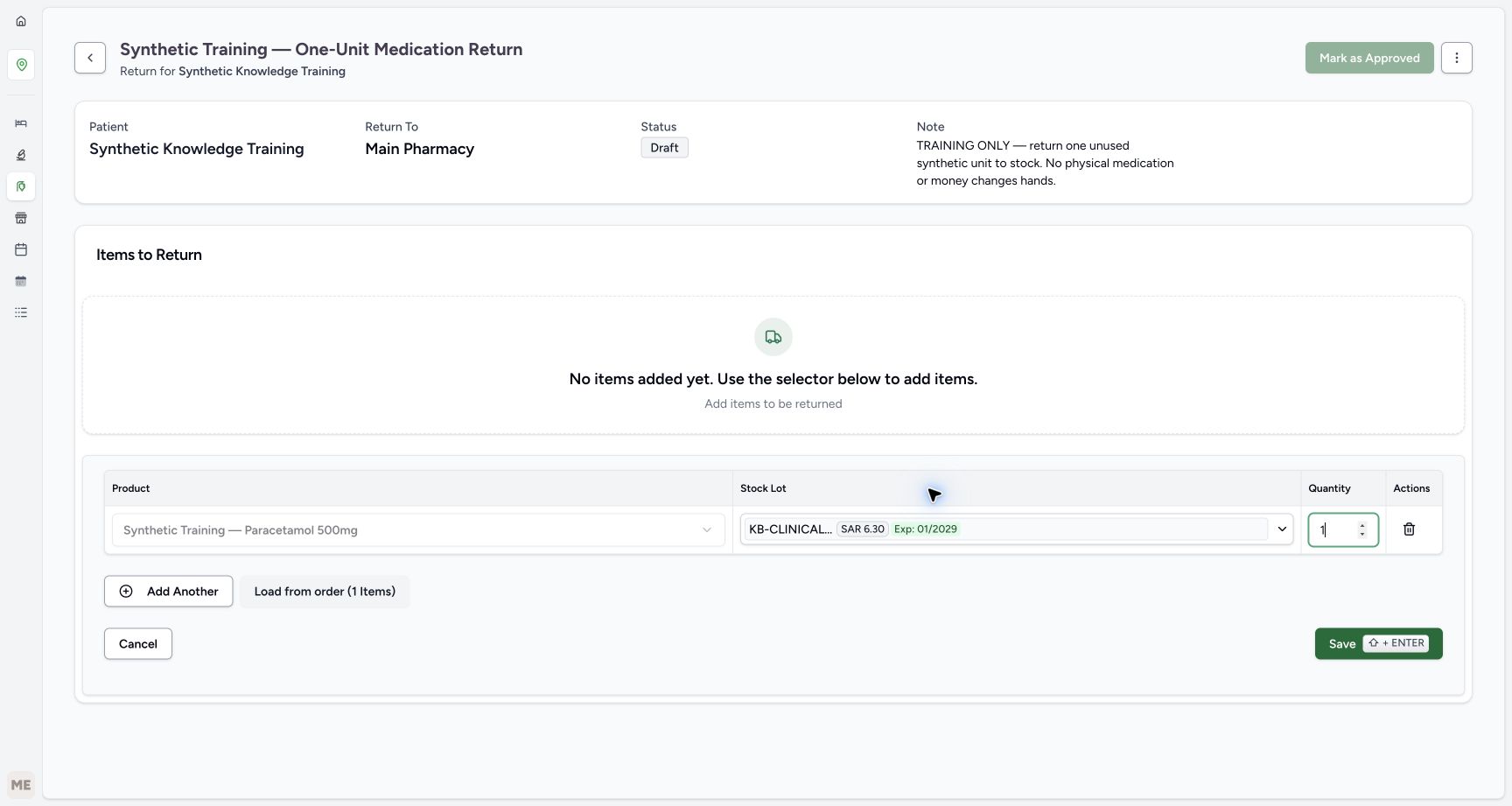 Select one unused unit for return. Actual MANSOQ application with explicitly synthetic local training data.