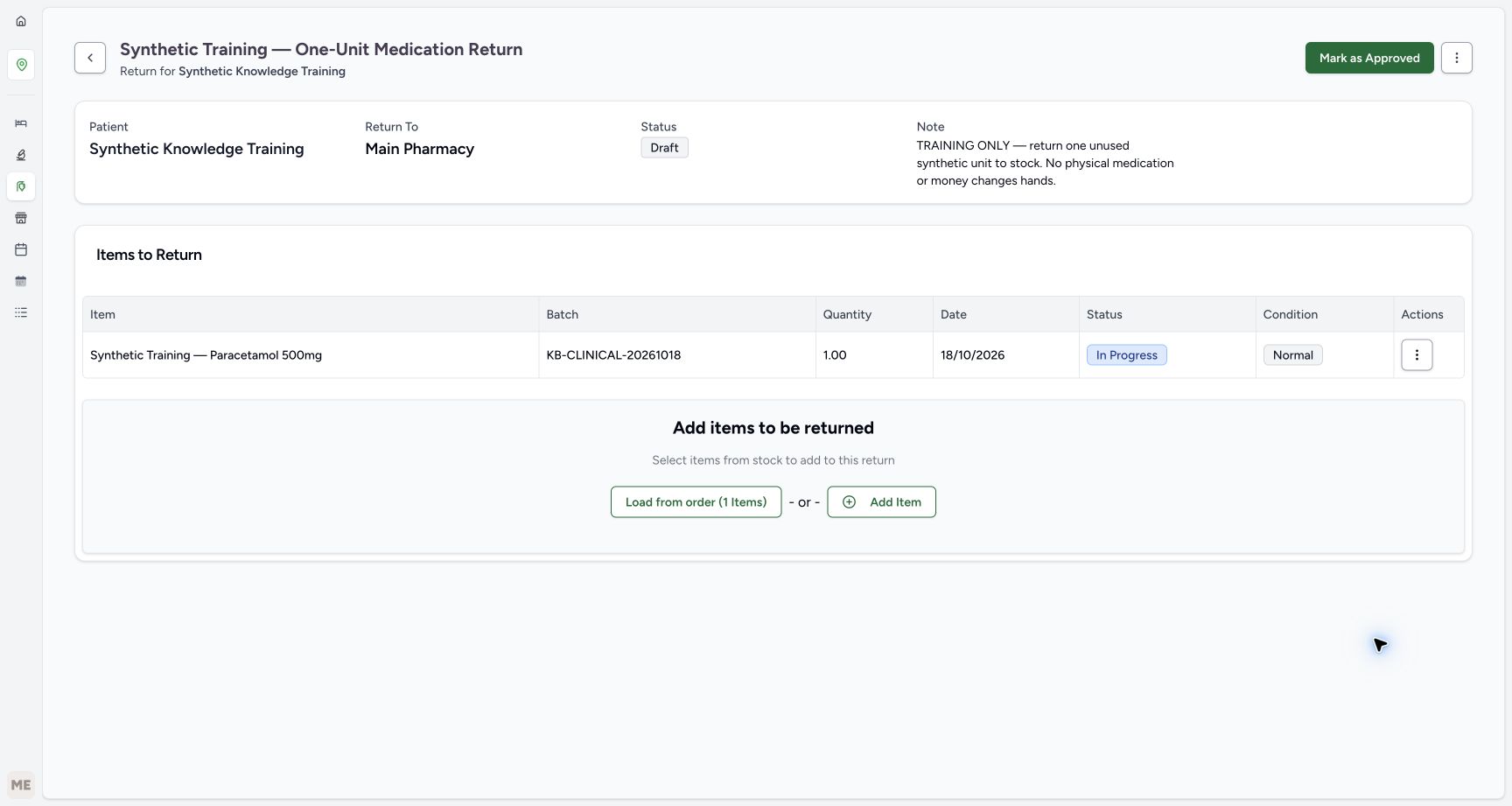 Approve the saved return item. Actual MANSOQ application with explicitly synthetic local training data.