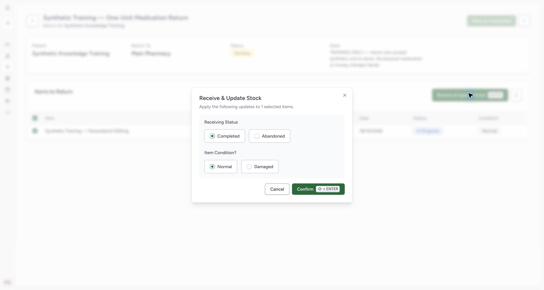 Receive the unused unit into stock. Actual MANSOQ application with explicitly synthetic local training data.