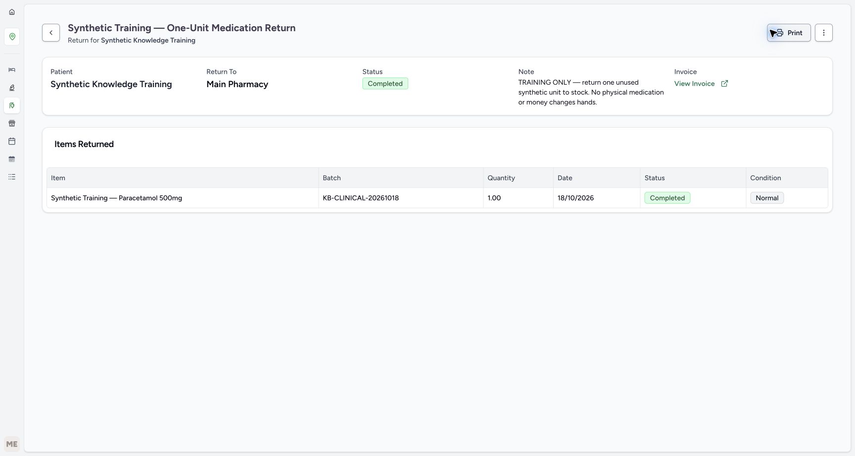 Completed return and generated refund invoice. Actual MANSOQ application with explicitly synthetic local training data.