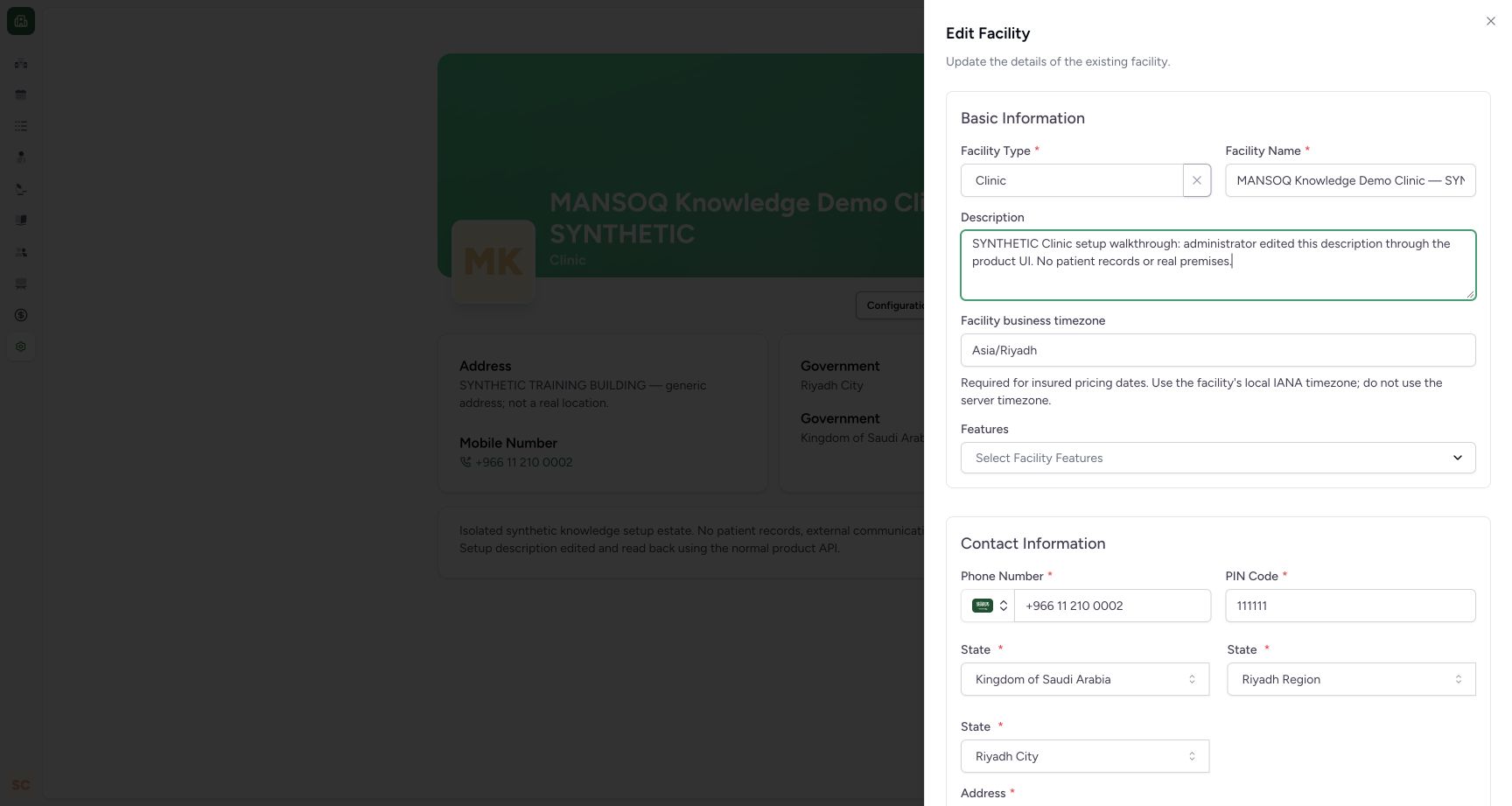 Clinic edit form with independent feature configuration. Real MANSOQ application with explicitly synthetic Clinic setup data; no patient records.