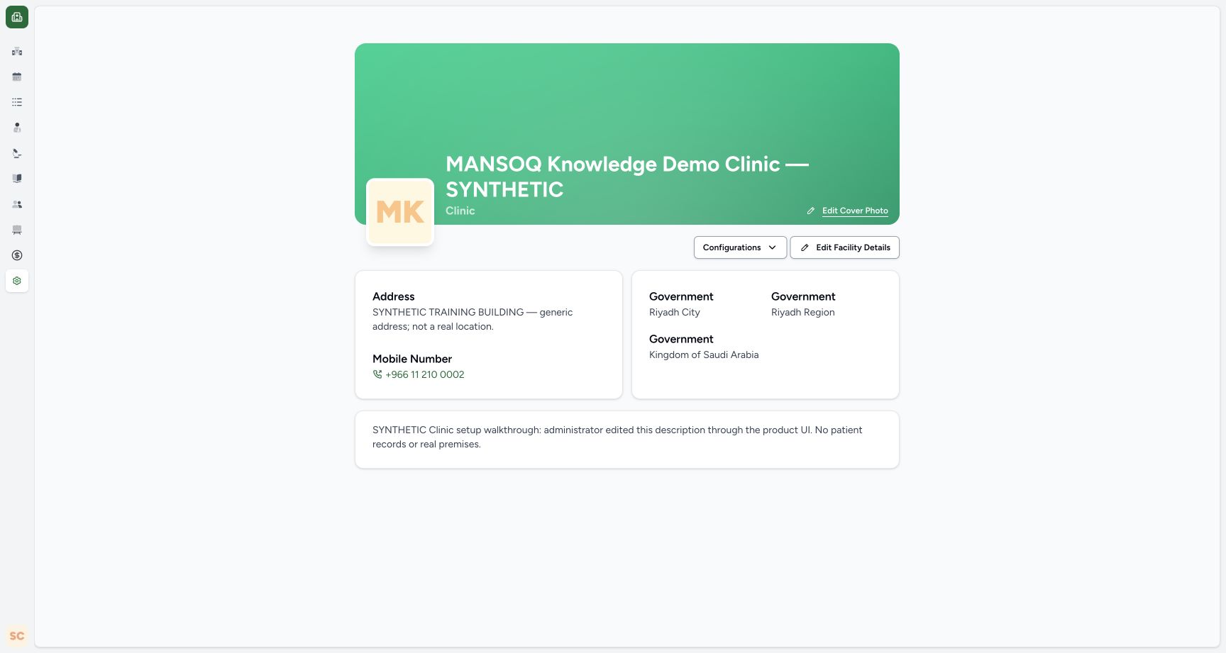 Clinic details saved through the product UI. Real MANSOQ application with explicitly synthetic Clinic setup data; no patient records.