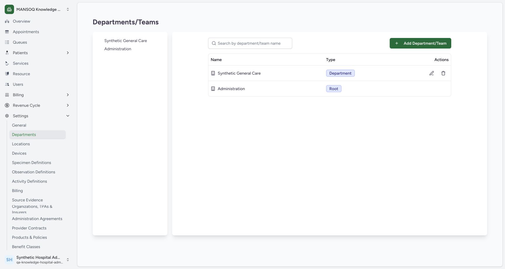 Hospital operational department and Administration root. Real MANSOQ application with explicitly synthetic Hospital setup data; no patient records.