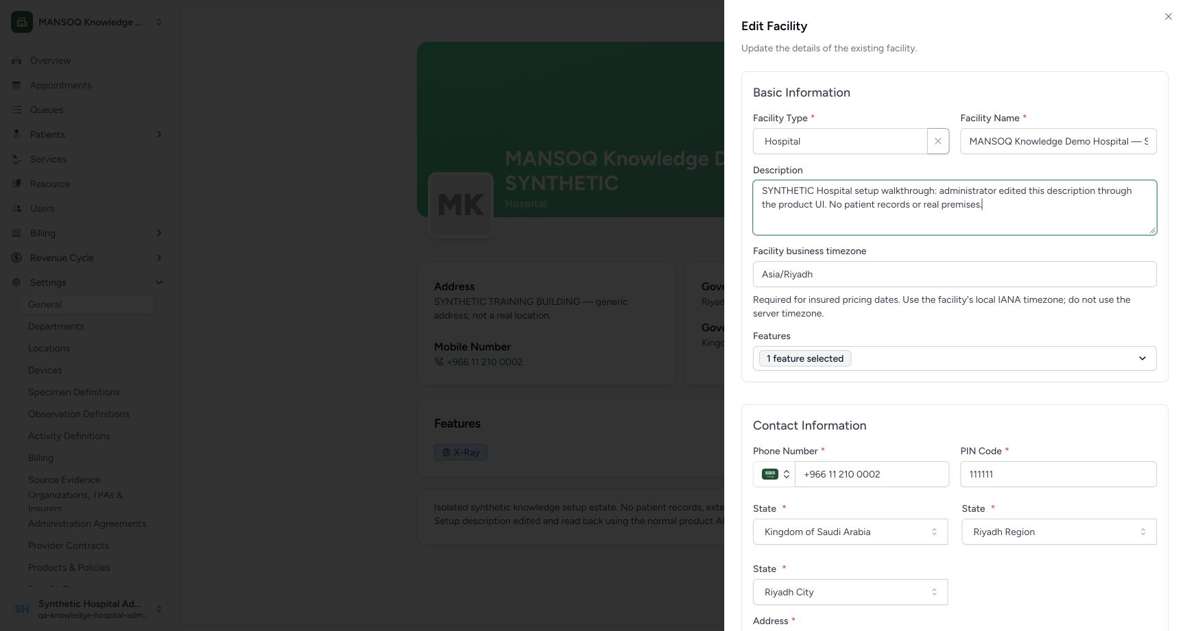 Edit Hospital classification, description and timezone. Real MANSOQ application with explicitly synthetic Hospital setup data; no patient records.