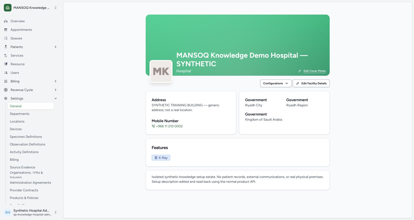 Hospital facility identity and feature settings. Real MANSOQ application with explicitly synthetic Hospital setup data; no patient records.