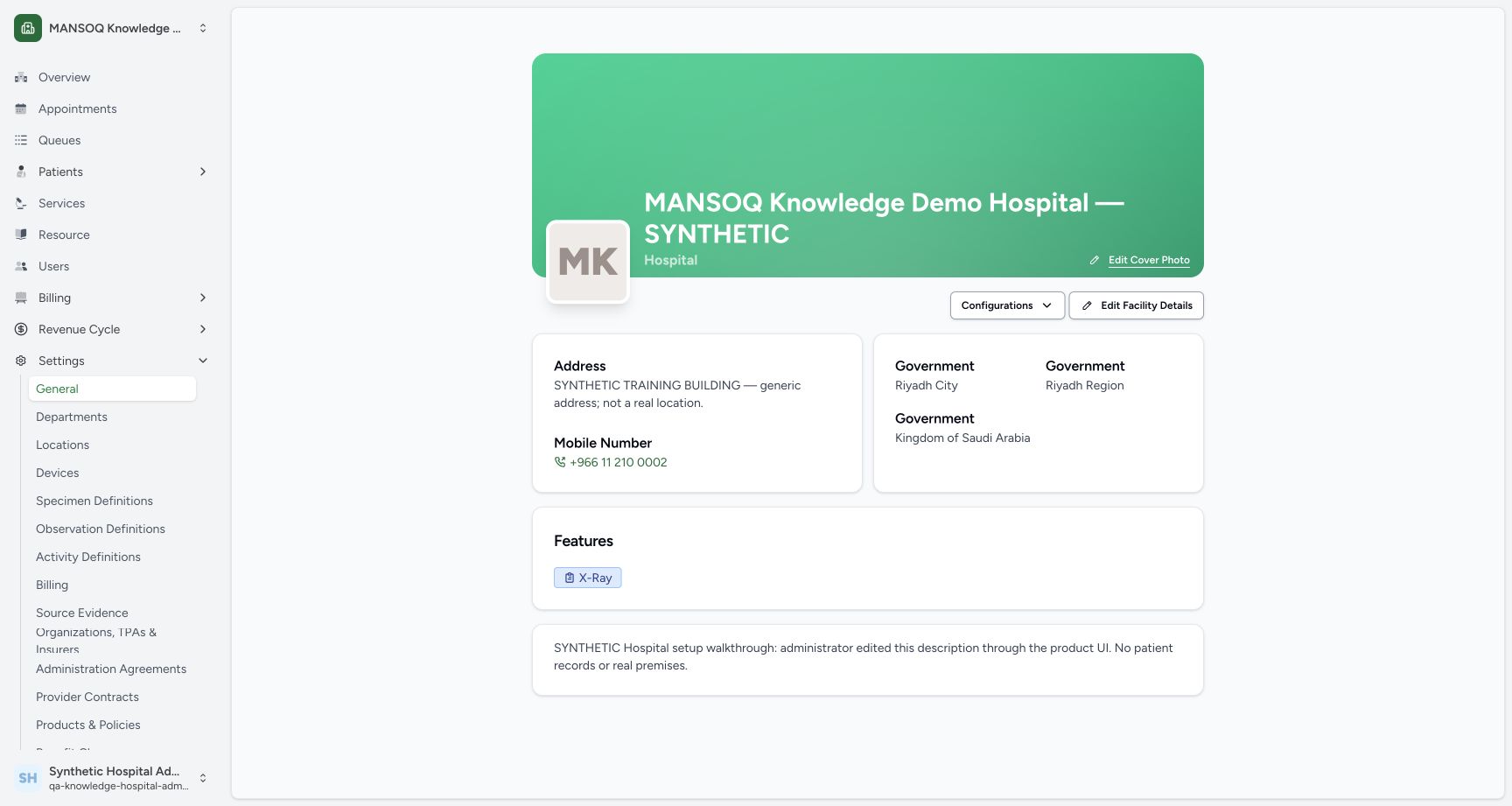 Hospital description saved through the product UI. Real MANSOQ application with explicitly synthetic Hospital setup data; no patient records.