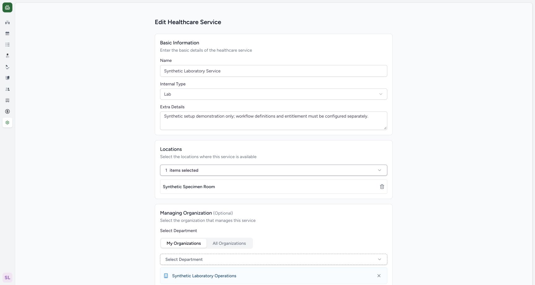 Laboratory service internal type and explicit links. Real MANSOQ application with explicitly synthetic Laboratory setup data; no patient records.