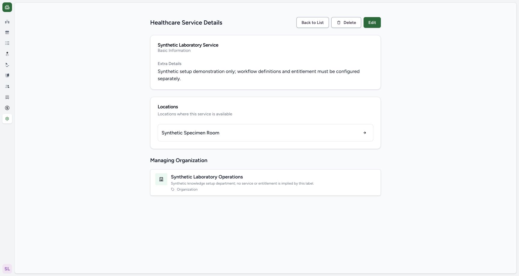 Laboratory service linked to specimen room and department. Real MANSOQ application with explicitly synthetic Laboratory setup data; no patient records.
