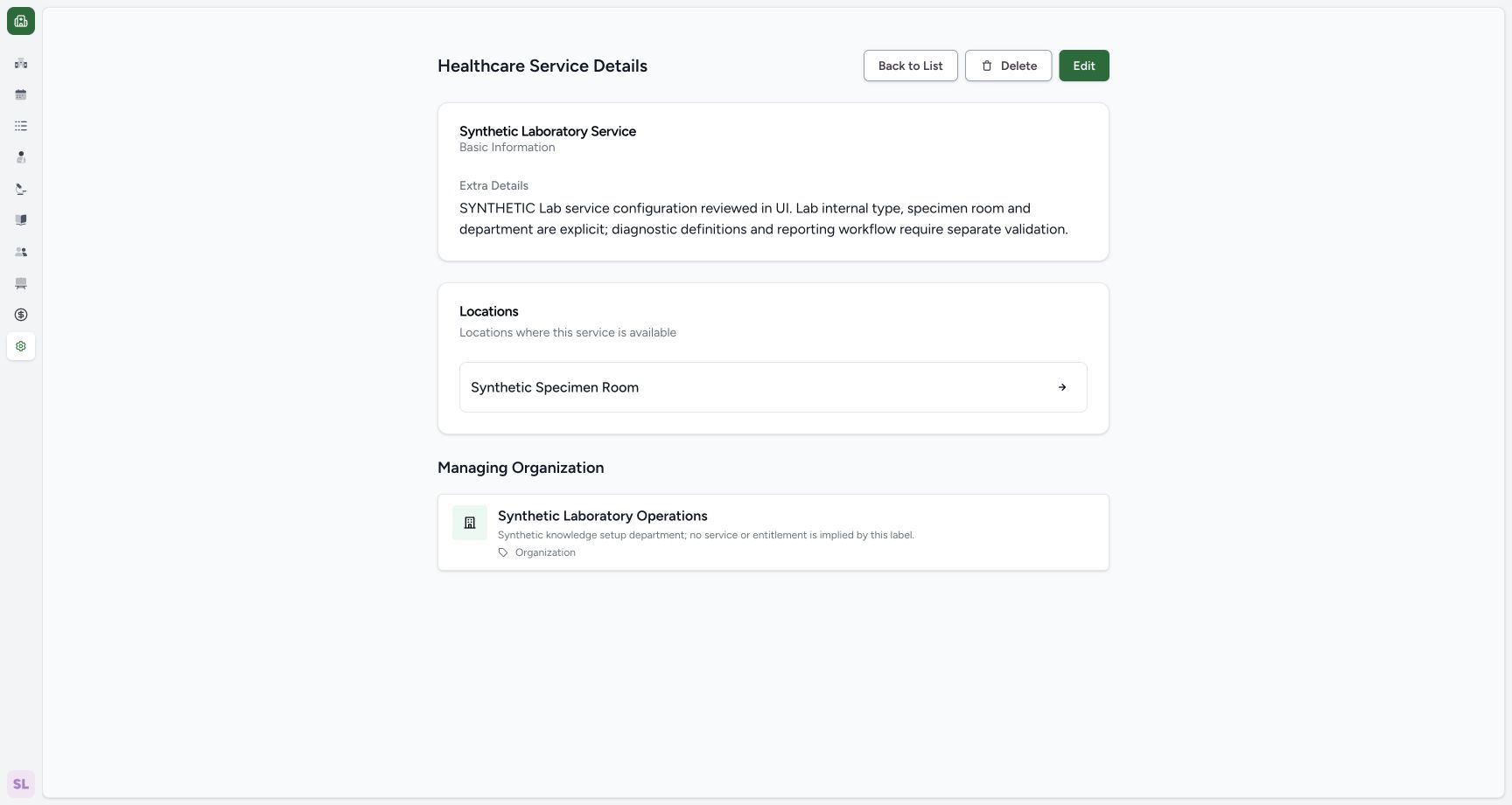 Laboratory service update saved. Real MANSOQ application with explicitly synthetic Laboratory setup data; no patient records.