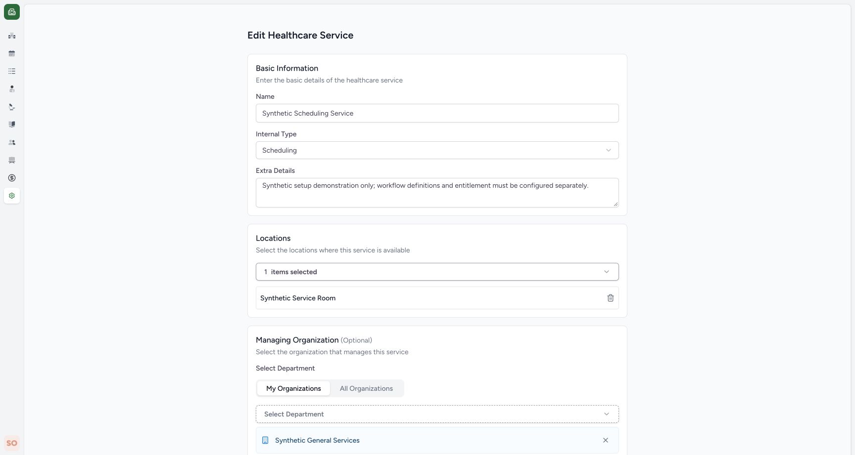 Other facility service explicitly uses Scheduling. Real MANSOQ application with explicitly synthetic Other setup data; no patient records.