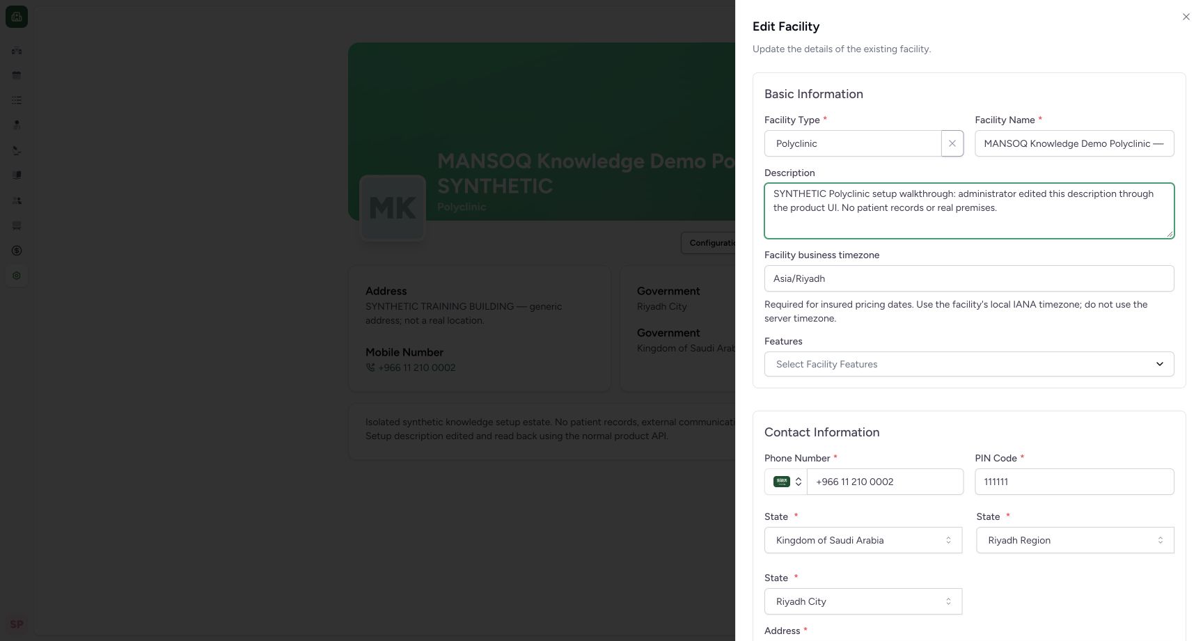 Edit independent synthetic Polyclinic details. Real MANSOQ application with explicitly synthetic Polyclinic setup data; no patient records.