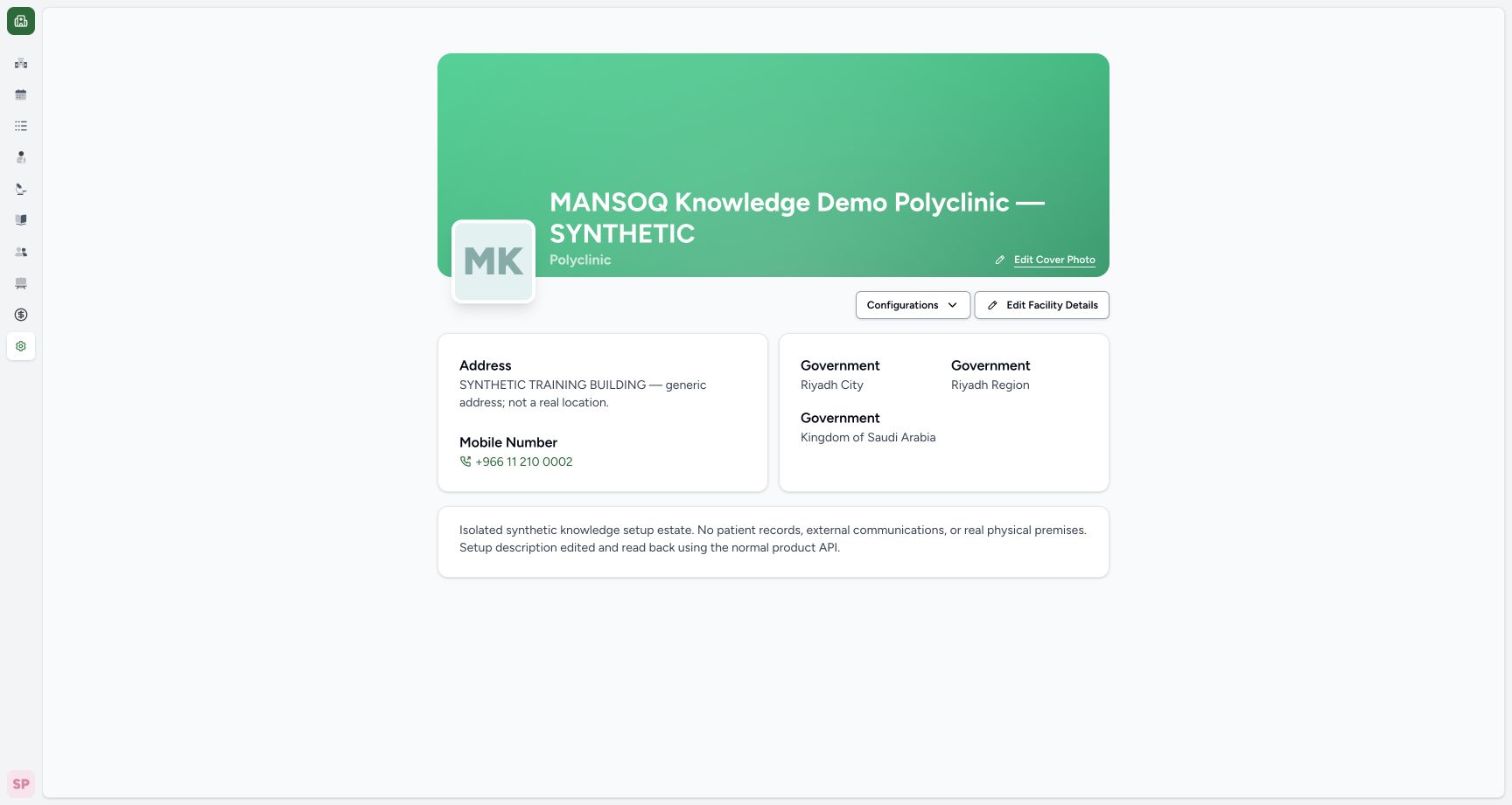New synthetic Polyclinic settings. Real MANSOQ application with explicitly synthetic Polyclinic setup data; no patient records.
