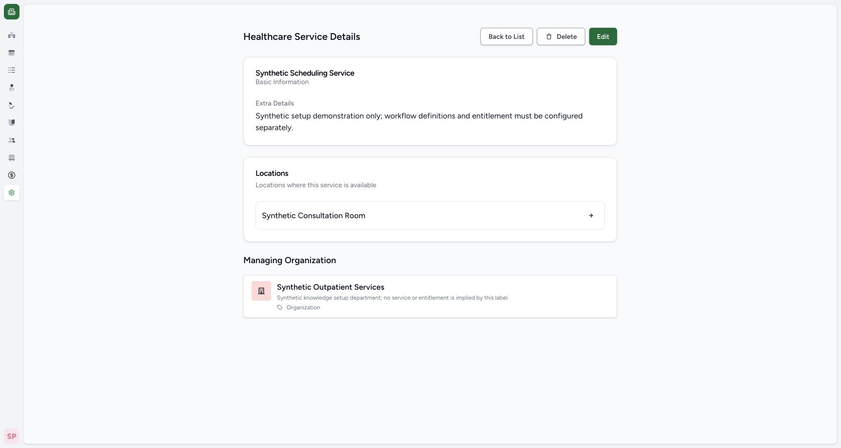 Polyclinic service linked to its room and department. Real MANSOQ application with explicitly synthetic Polyclinic setup data; no patient records.