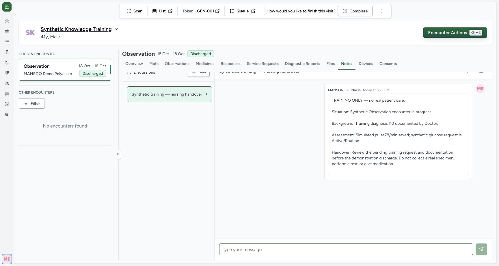 Open the encounter handover discussion in the real MANSOQ application with explicitly synthetic patient data.