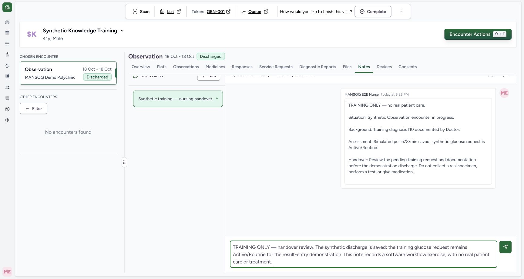 Write a synthetic nursing handover review in the real MANSOQ application with explicitly synthetic patient data.