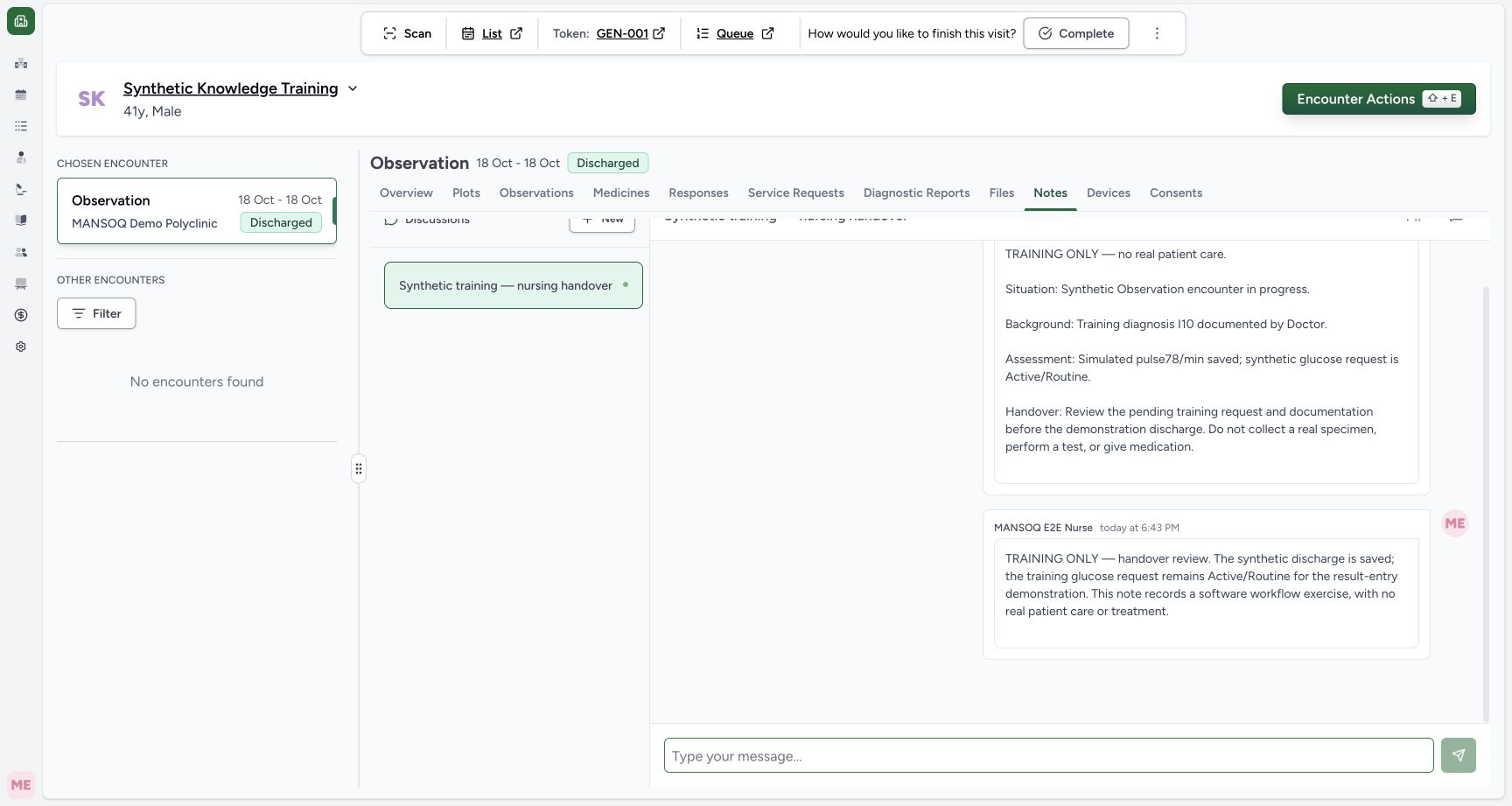 Saved nursing handover and Nurse authorship in the real MANSOQ application with explicitly synthetic patient data.
