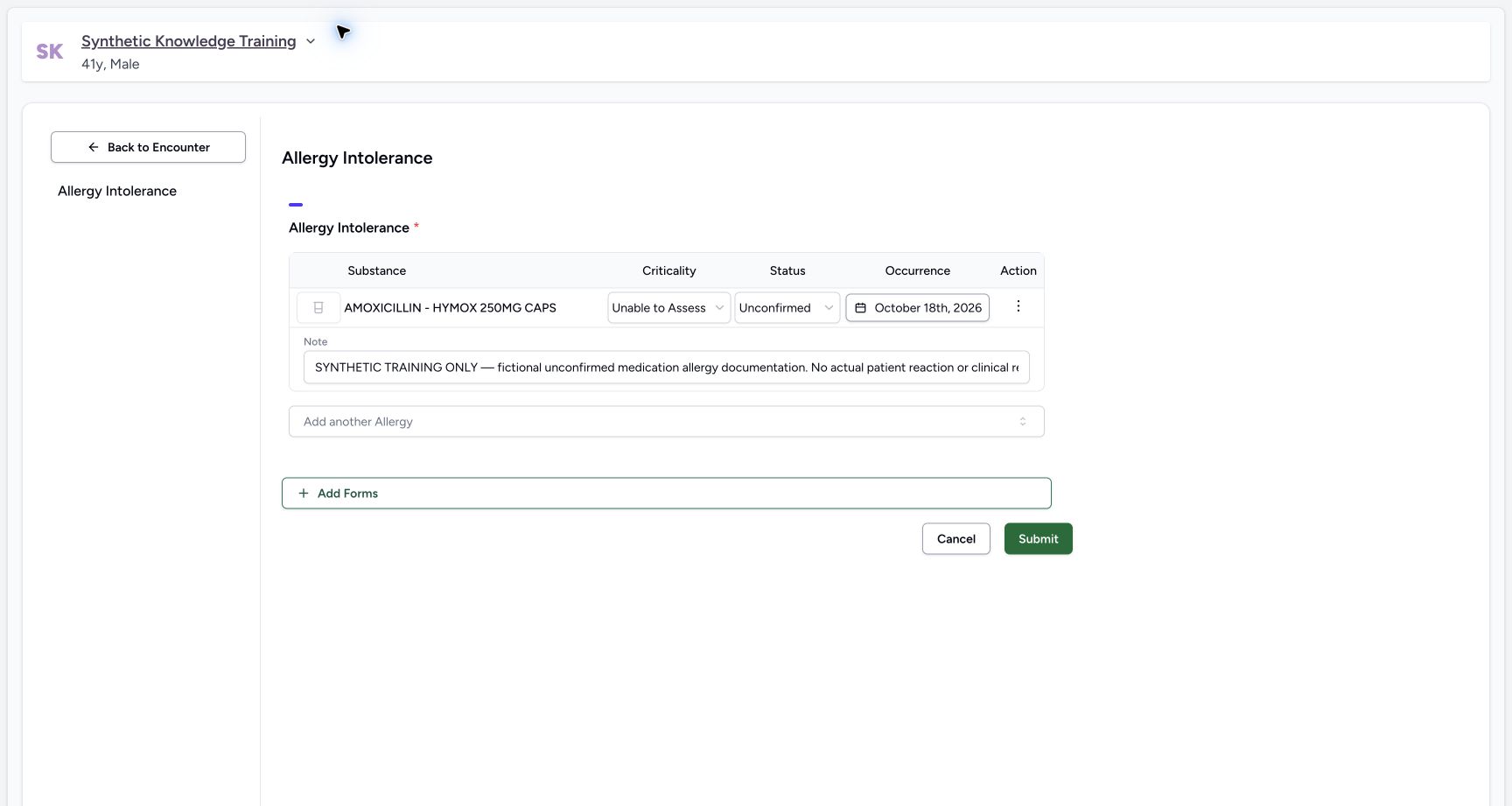 Existing edit controls. Genuine desktop MANSOQ capture with fictional training patient.