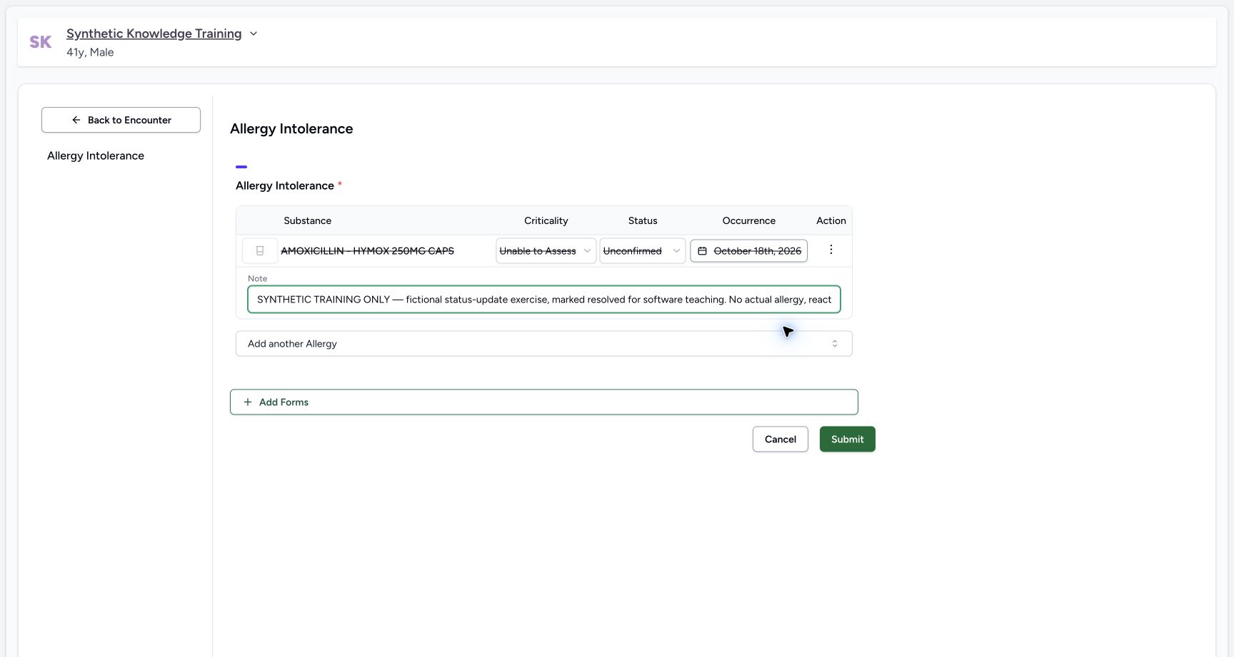 Resolved submit. Genuine desktop MANSOQ capture with fictional training patient.