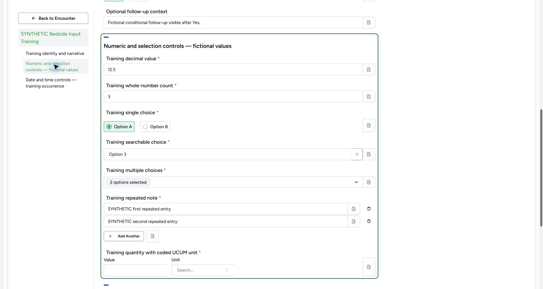 Numeric and choice draft. Genuine 1728 by 921 desktop capture of the configured synthetic teaching form.