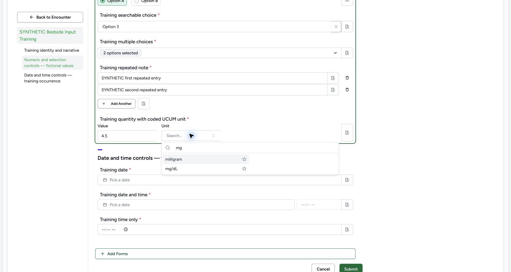 Quantity unit search. Genuine 1728 by 921 desktop capture of the configured synthetic teaching form.