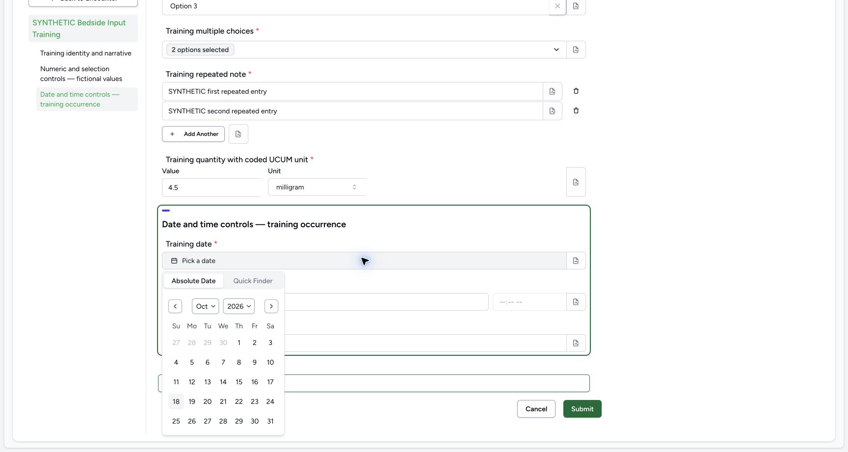Date picker. Genuine 1728 by 921 desktop capture of the configured synthetic teaching form.